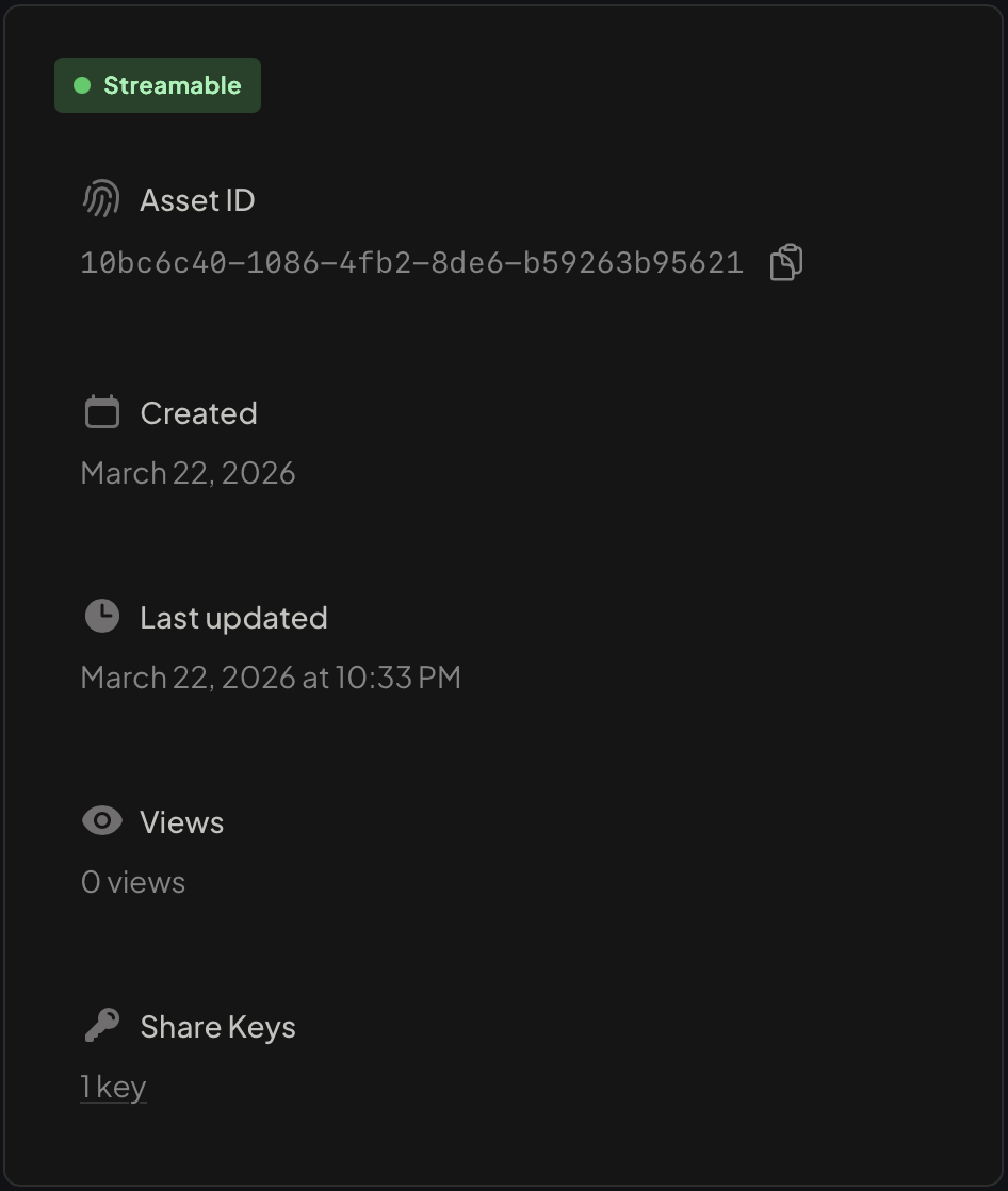 Right panel showing Asset ID with copy button