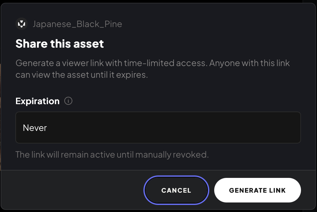 Share this asset dialog with expiration setting