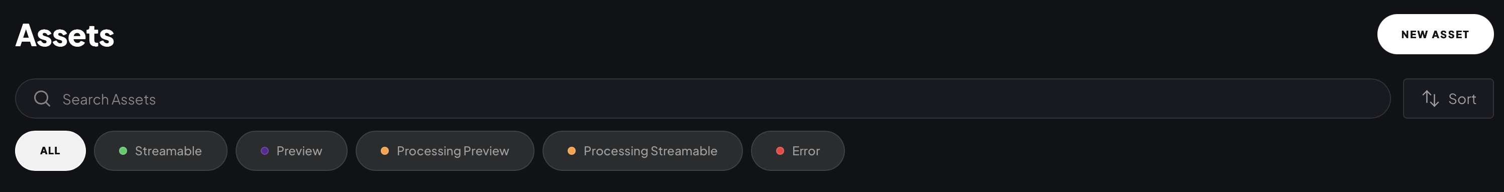 Assets page showing search bar and status filter buttons