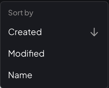 Sort dropdown showing Created, Modified, and Name options
