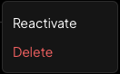 Key action menu showing Reactivate and Delete options