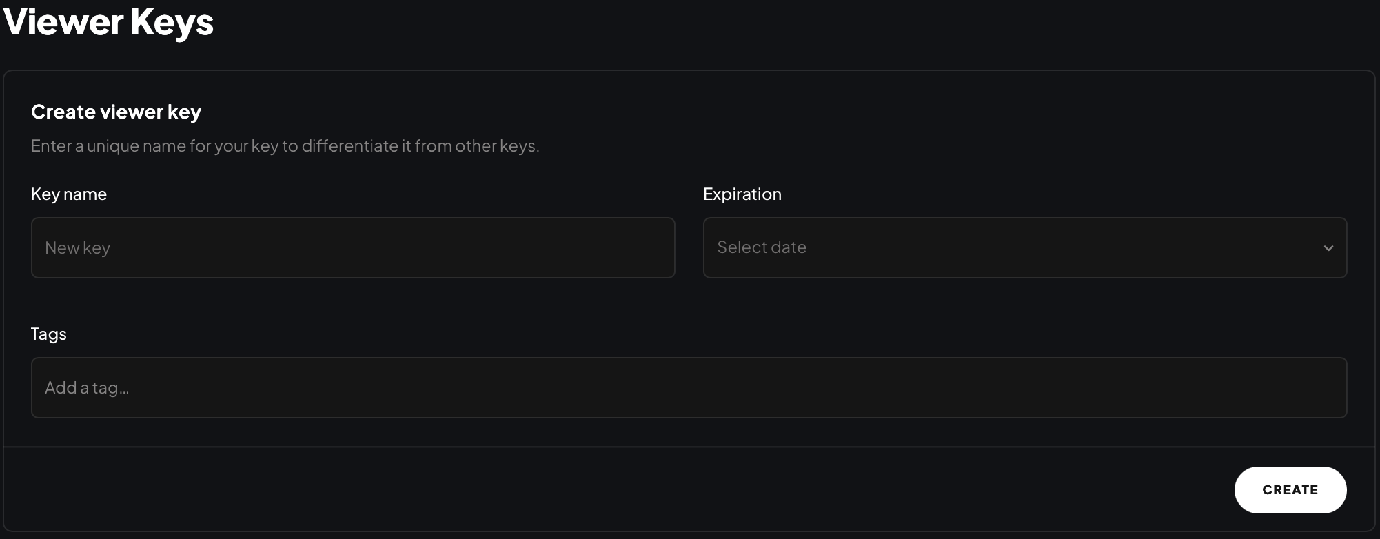 Create viewer key form showing Key name, Expiration, and Tags fields