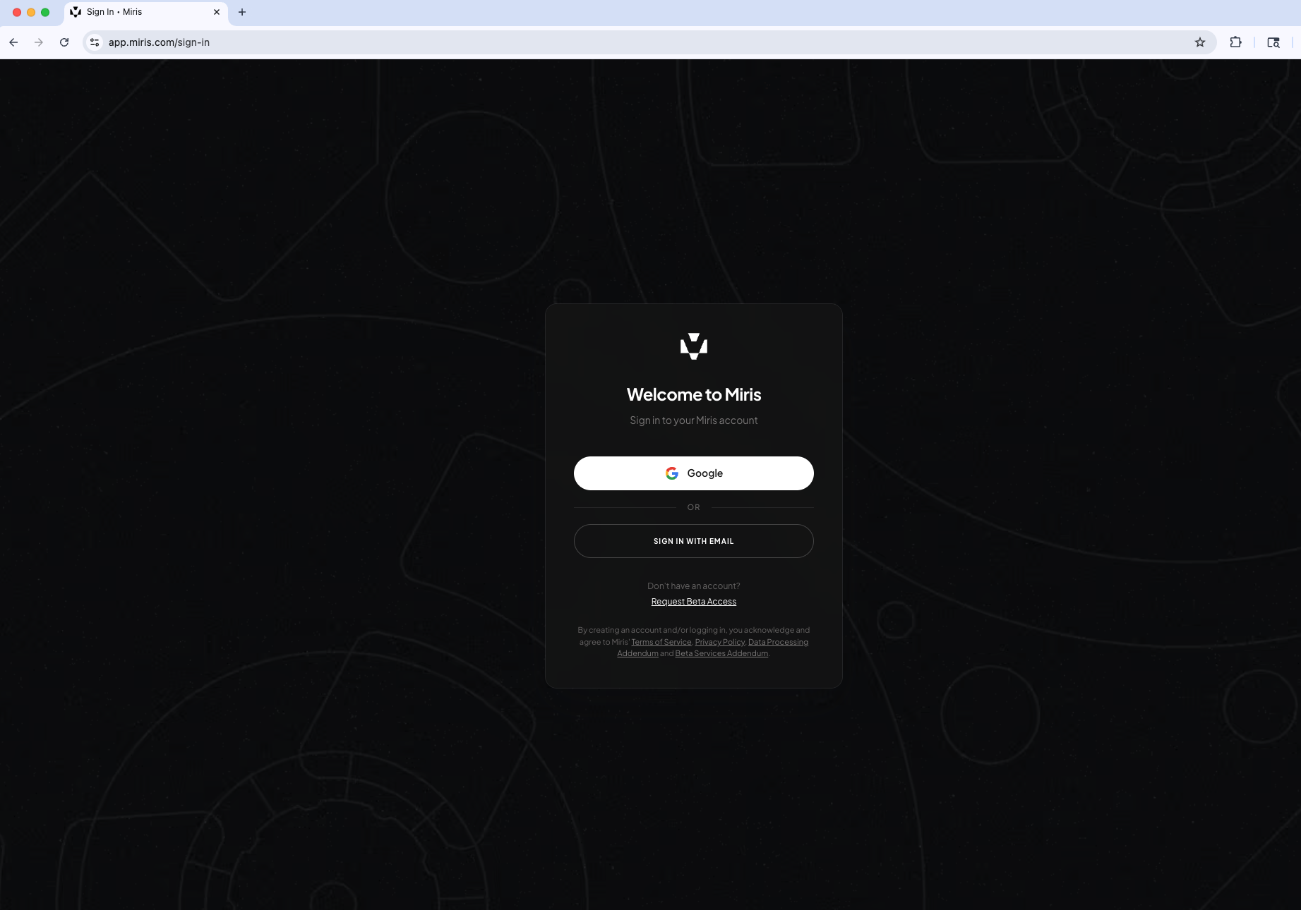Miris sign-in page with Google and email options