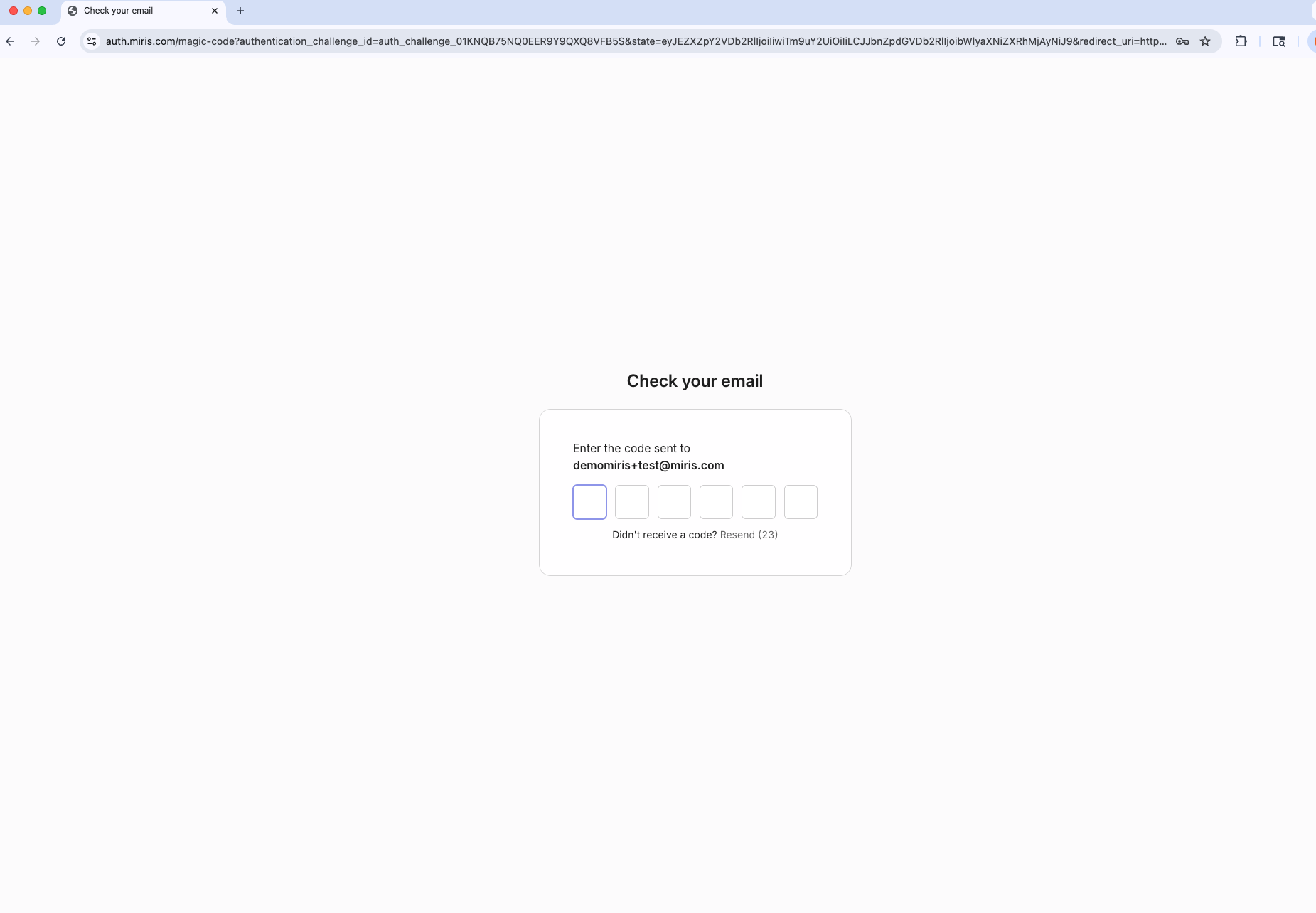 Check your email screen with verification code entry